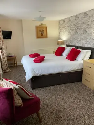 a bedroom with a large bed with red pillows at No 52 bed and breakfast in Helston