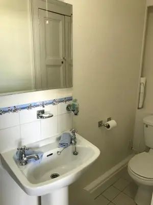 a bathroom with a sink and a toilet and a mirror at No 52 bed and breakfast in Helston