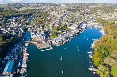 an aerial view of a harbor with boats at 3 Bed in Falmouth oc-anchge in Falmouth