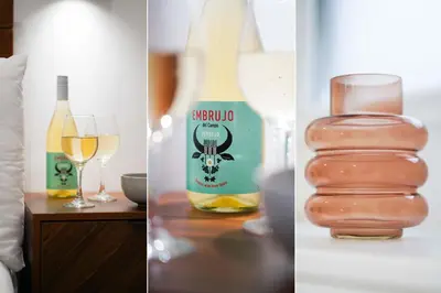 three pictures of a bottle of wine and a glass at Little Burrows in St Ives