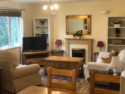 a living room with a couch and a tv at Cosy 3 Bedroom House on Cornish estate with pool in Bodmin