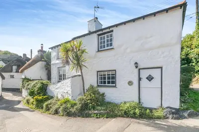 a white house with a palm tree in front of it at 2 Bed in Helford oc-hcpopi in Helford