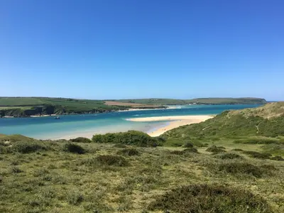 a view of a beach from a grassy hill at The parlour in Bodmin