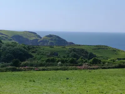 a green field with mountains in the background at The Mill in Tintagel