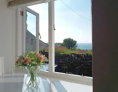 a vase of flowers on a table in front of a window at The Mill in Tintagel