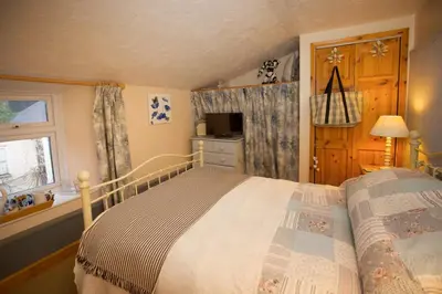 a bedroom with a bed and a window at Vine Cottage in Penpillick