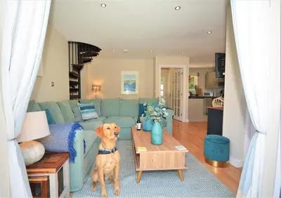a dog standing in the middle of a living room at 2 Bed in Little Petherick oc-p00635 in Little Petherick
