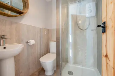 a bathroom with a shower and a toilet and a sink at 3 Bed in Mawgan Porth oc-p00824 in Mawgan Porth