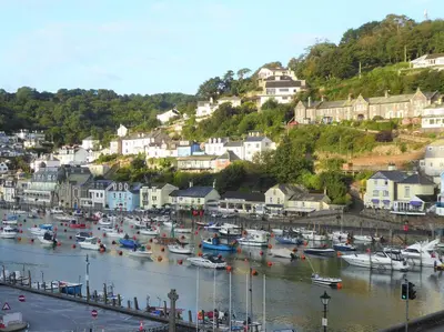 a group of boats docked in a harbor with houses at Pebbles in Torpoint
