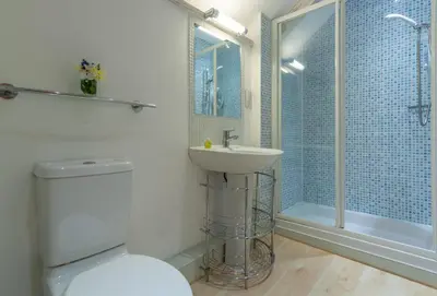 a bathroom with a toilet and a sink and a shower at Bonython Farmhouse in Helston