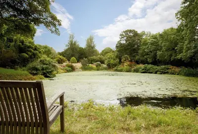 a park bench sitting in front of a pond at Spring Water Barn in Helston