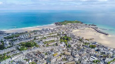 an aerial view of a city and a beach at 4 Bed in St. Ives oc-brhous in St Ives
