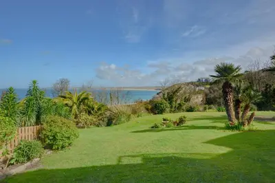 a green yard with a palm tree and the ocean at 2 Bed in St Ives oc-godct7 in Carbis Bay