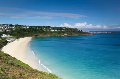 an aerial view of a beach and the ocean at 2 Bed in St Ives oc-holm in Carbis Bay