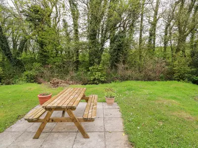 a wooden picnic table with two potted plants next to a field at 17 River Banks in Liskeard