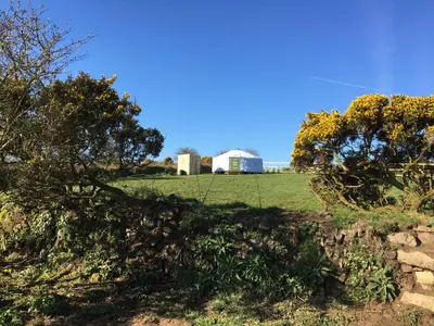 a field with trees and a barn in the background at Higher Trenear Farm Yurts in Helston