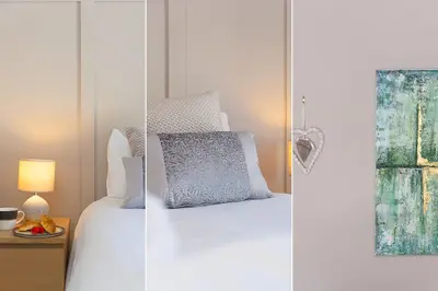 two images of a bedroom with a bed and a window at Willows in St Ives