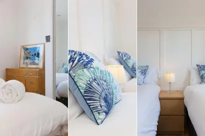 two pictures of a hotel room with two beds at Willows in St Ives