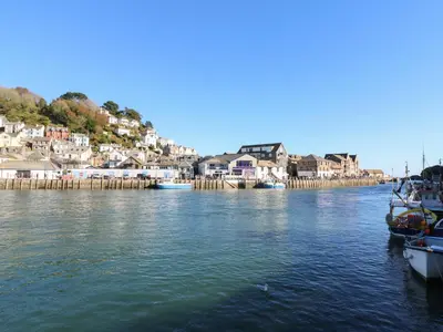 a group of boats docked in a river with houses at Badger Sett in Granite Henge near Looe in Looe