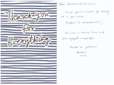 a handwritten thank you card with blue and white stripes at Bodmin Rest 4 U in Bodmin