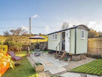 a tiny house in a garden with a patio at Shepherds Retreat in St Austell