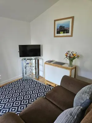 a living room with a couch and a flat screen tv at Picturesque Cabin in Cornwall in Camborne