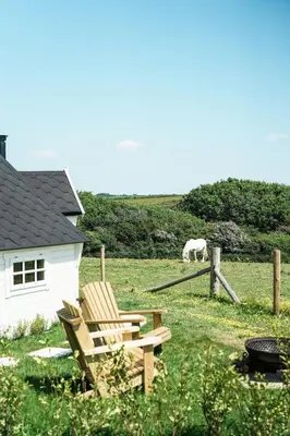 a chair and a horse grazing in a field at Mawgies in Saint Ervan