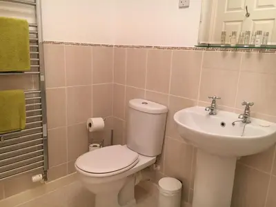 a bathroom with a toilet and a sink at The Waterwheel Apartment, Charlestown in Charlestown