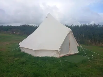 a white tent in the middle of a field at Hawk's View Bell Tent at Higher Hawksland Farm in Saint Issey