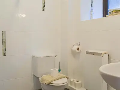 a white bathroom with a toilet and a sink at Campion Cottage in Saint Teath