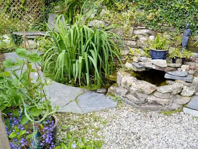 a garden with a pond and some plants and flowers at Well Barn in Lanteglos