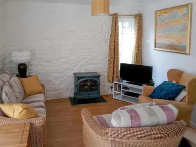 a living room with a fireplace and a tv at Dovecote-Tnq in Camelford