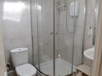 a bathroom with a shower with a toilet and a sink at Cobblers Cottage in Port Isaac