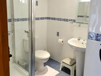 a bathroom with a toilet and a shower and a sink at Saundry's Barn in Port Isaac