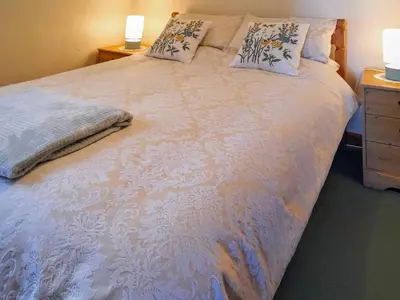 a bedroom with a large bed with two pillows at Ash Tree Cottage in Carnbrea