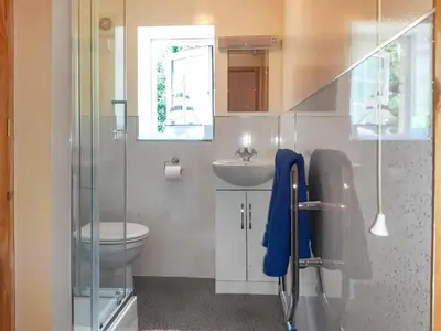 a bathroom with a toilet and a sink and a shower at The Old Dairy in Mount Hawke