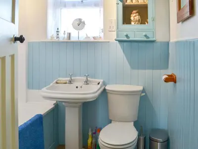 a bathroom with a toilet and a sink at Tregatta Terrace in Tintagel