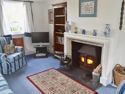 a living room with a fireplace and a television at Keeper's Cottage in Helford Passage
