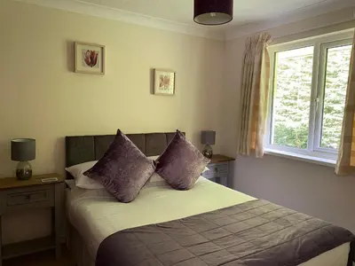 a bedroom with a bed with purple pillows and a window at Pencarrow - B6521 in Saint Cleer