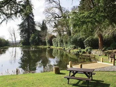 a picnic table in front of a pond with a bench at Seaton in Saint Cleer