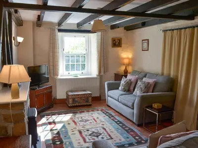 a living room with a couch and a tv at Trekeive Cottage in Saint Cleer