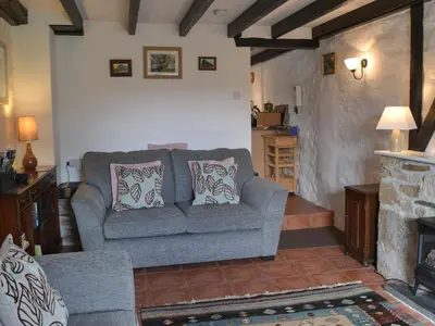 a living room with a couch and a fireplace at Trekeive Cottage in Saint Cleer