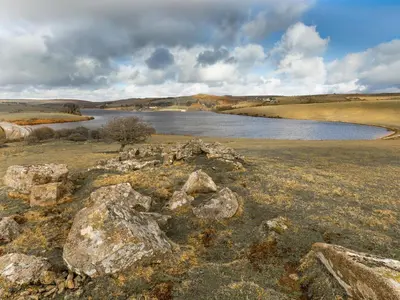 a large group of rocks in a field next to a lake at Trekeive Cottage in Saint Cleer