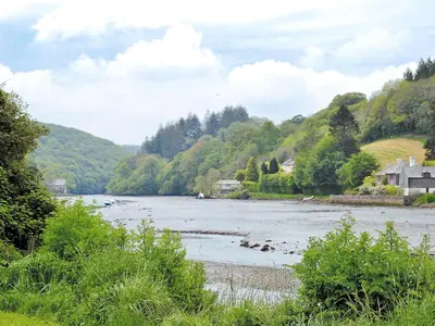 a view of a river with houses and trees at Watercolour Cottage in Lerryn