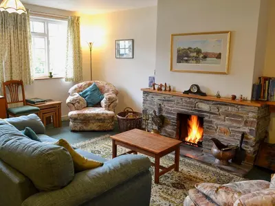 a living room with a couch and a fireplace at Watercolour Cottage in Lerryn