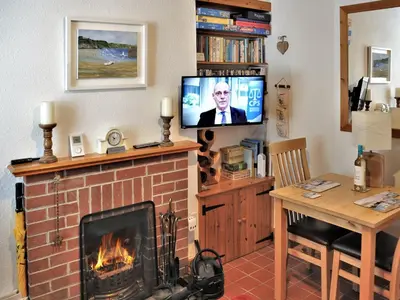 a living room with a fireplace and a tv at Sea Haven - Tho in Gorran Haven