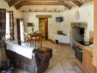 a living room with a couch and a fireplace at The Old Wash House in Pentewan