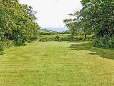 a large grass field with trees in the distance at Thatch Cottage in Saint Hilary