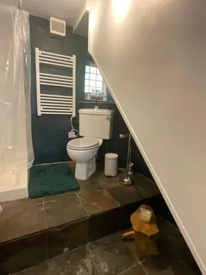 a bathroom with a toilet and a shower and a staircase at The Little Chapel Annexe in Helston