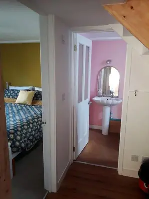 a bedroom with a bed and a sink and a mirror at Bright cosy house, garden, central to town & beach in Falmouth